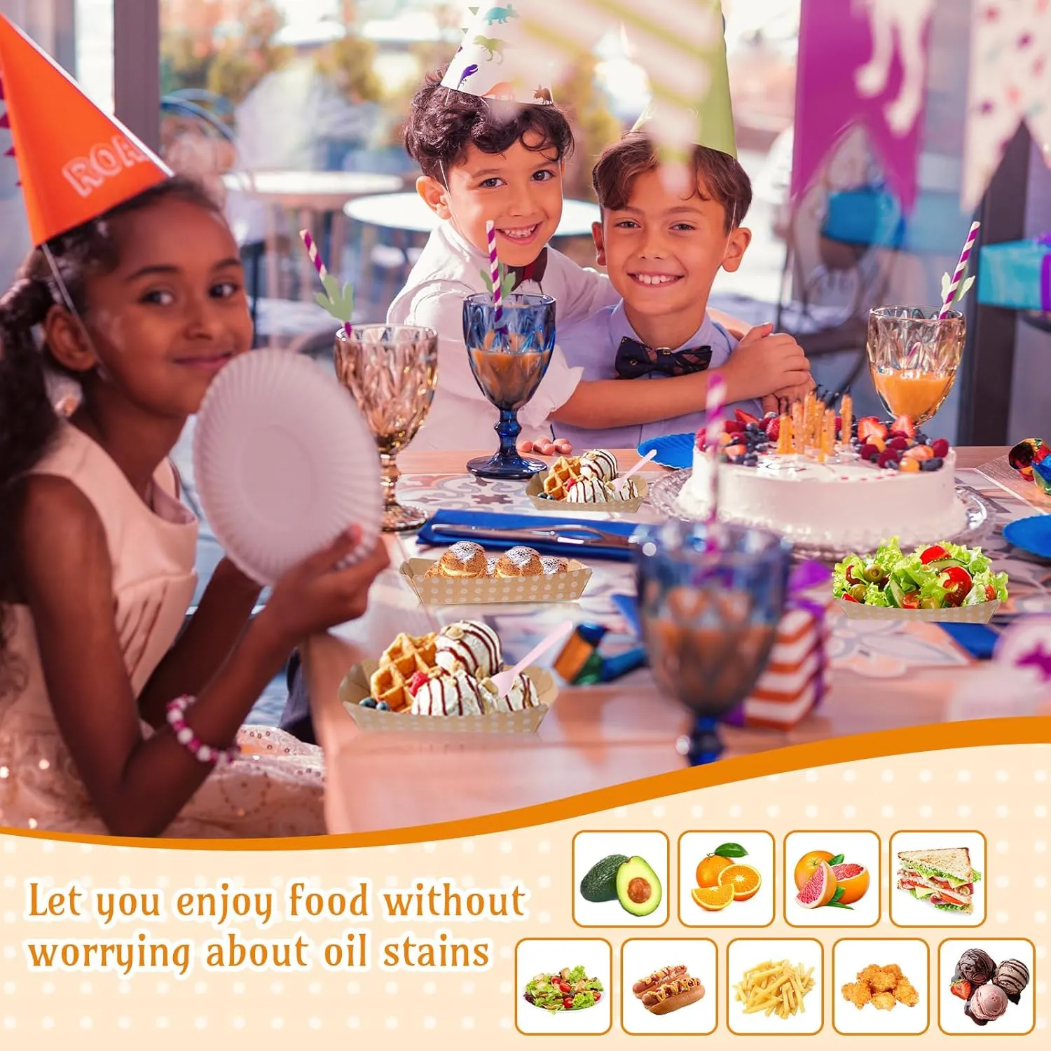 60 Set Colorful Food Trays Boat Paper Disposable Banana Split Boats with Umbrellas 8 oz Nacho Bowls for Birthday Summer Party Supplies Dessert (Kraft,White Polka Dot Style)