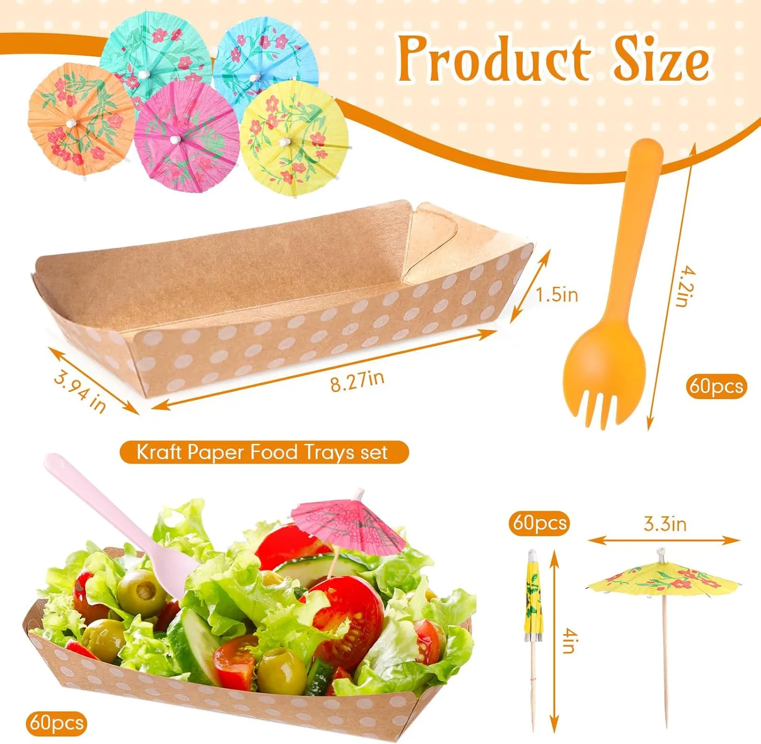 60 Set Colorful Food Trays Boat Paper Disposable Banana Split Boats with Umbrellas 8 oz Nacho Bowls for Birthday Summer Party Supplies Dessert (Kraft,White Polka Dot Style)