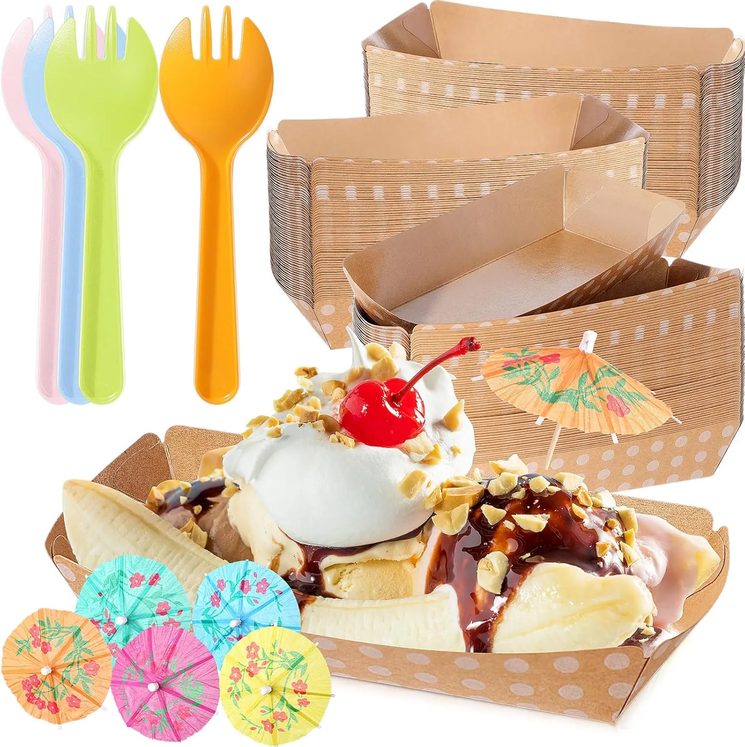 60 Set Colorful Food Trays Boat Paper Disposable Banana Split Boats with Umbrellas 8 oz Nacho Bowls for Birthday Summer Party Supplies Dessert (Kraft,White Polka Dot Style)