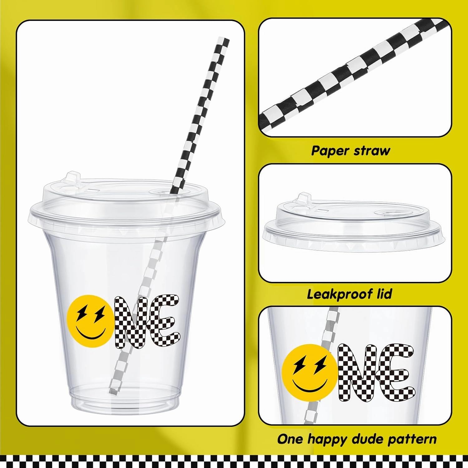60 Set Plastic Cups One Happy Dude Themed 14 oz Disposable Clear Cups with Lids and Paper Straws for Happy Dude Themed Party Favor Supplies Decorations