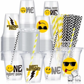 60 Set Plastic Cups One Happy Dude Themed 14 oz Disposable Clear Cups with Lids and Paper Straws for Happy Dude Themed Party Favor Supplies Decorations