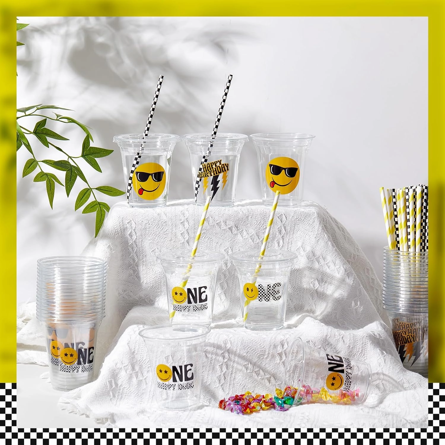 60 Set Plastic Cups One Happy Dude Themed 14 oz Disposable Clear Cups with Lids and Paper Straws for Happy Dude Themed Party Favor Supplies Decorations