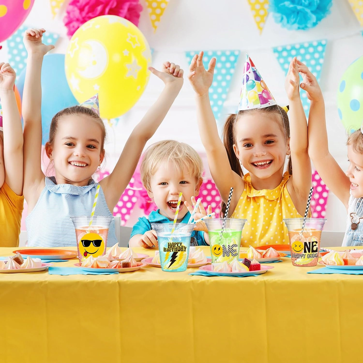 60 Set Plastic Cups One Happy Dude Themed 14 oz Disposable Clear Cups with Lids and Paper Straws for Happy Dude Themed Party Favor Supplies Decorations