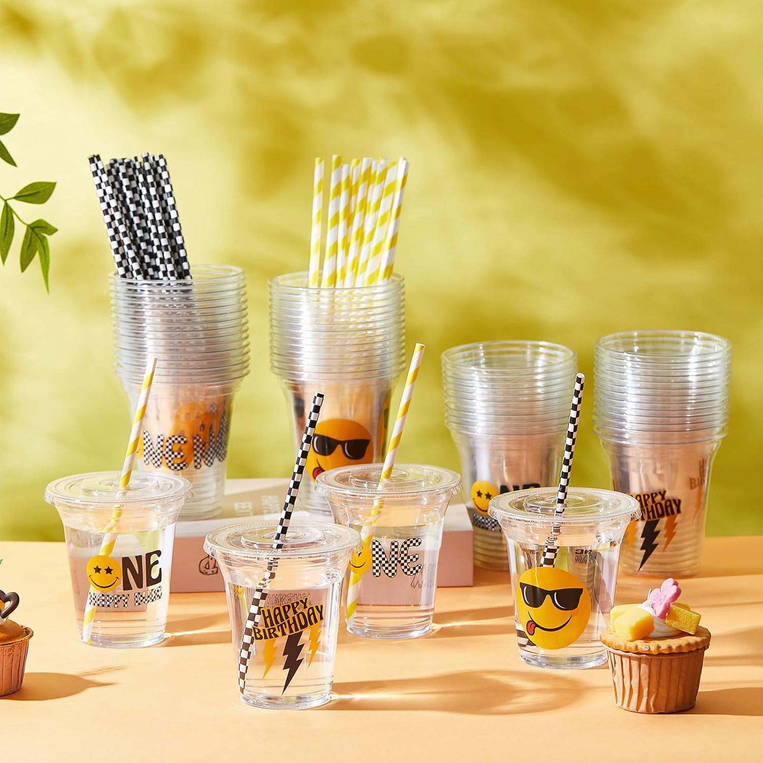 60 Set Plastic Cups One Happy Dude Themed 14 oz Disposable Clear Cups with Lids and Paper Straws for Happy Dude Themed Party Favor Supplies Decorations