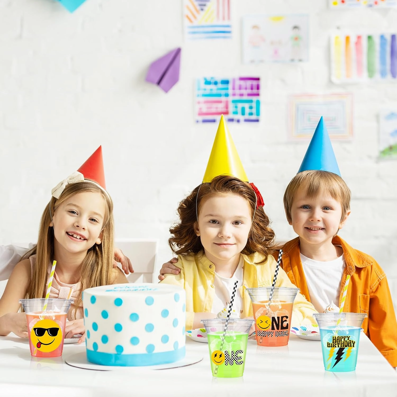 60 Set Plastic Cups One Happy Dude Themed 14 oz Disposable Clear Cups with Lids and Paper Straws for Happy Dude Themed Party Favor Supplies Decorations