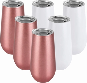 6 Pack Stemless Double Insulated Champagne Flute Tumbler with Lid, 6 Oz Unbreakable Reusable Cocktail Champagne Toasting Glasses, Good Gift for Friends Family Christmas Birthday, White and Rose Gold