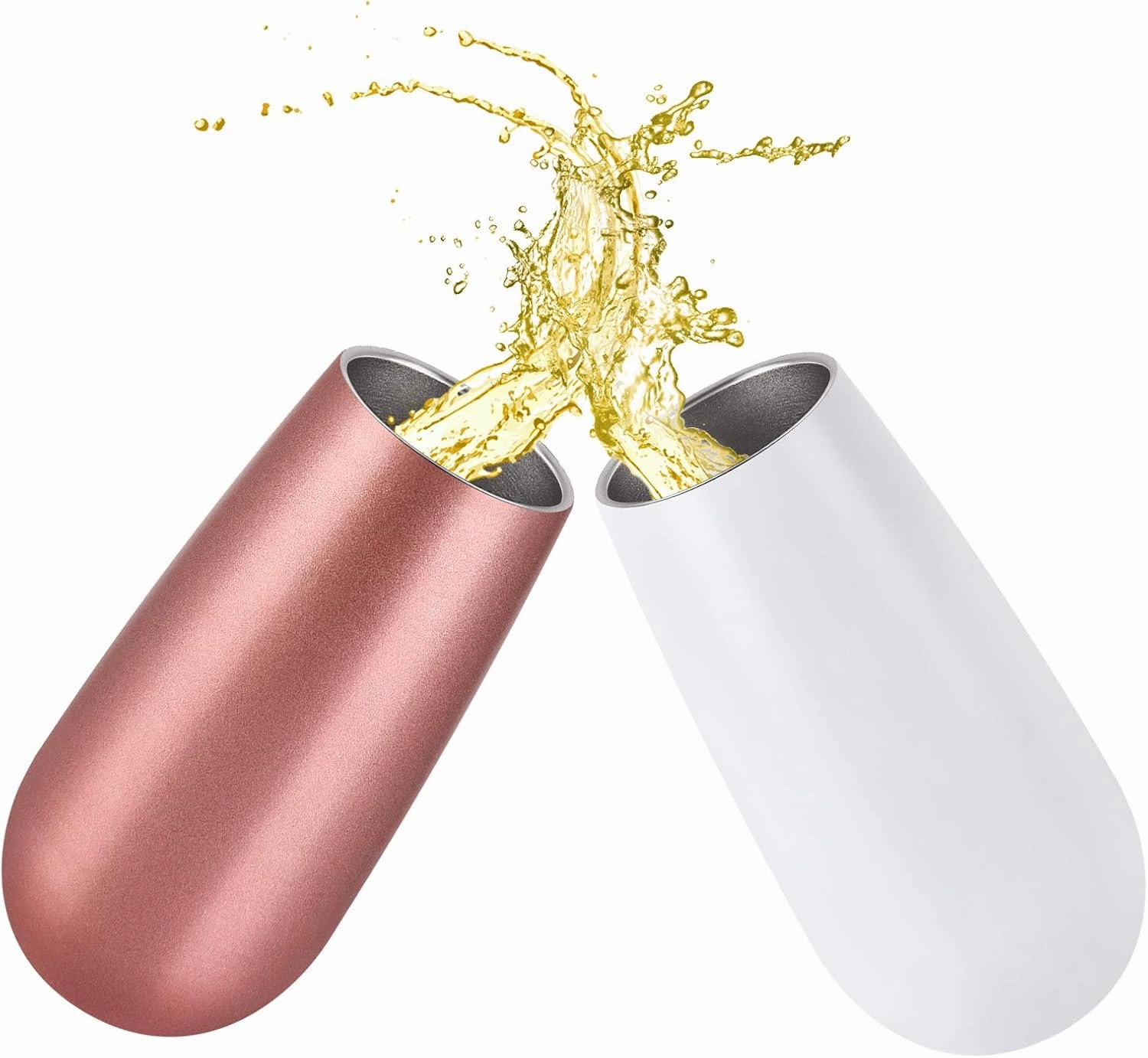 6 Pack Stemless Double Insulated Champagne Flute Tumbler with Lid, 6 Oz Unbreakable Reusable Cocktail Champagne Toasting Glasses, Good Gift for Friends Family Christmas Birthday, White and Rose Gold