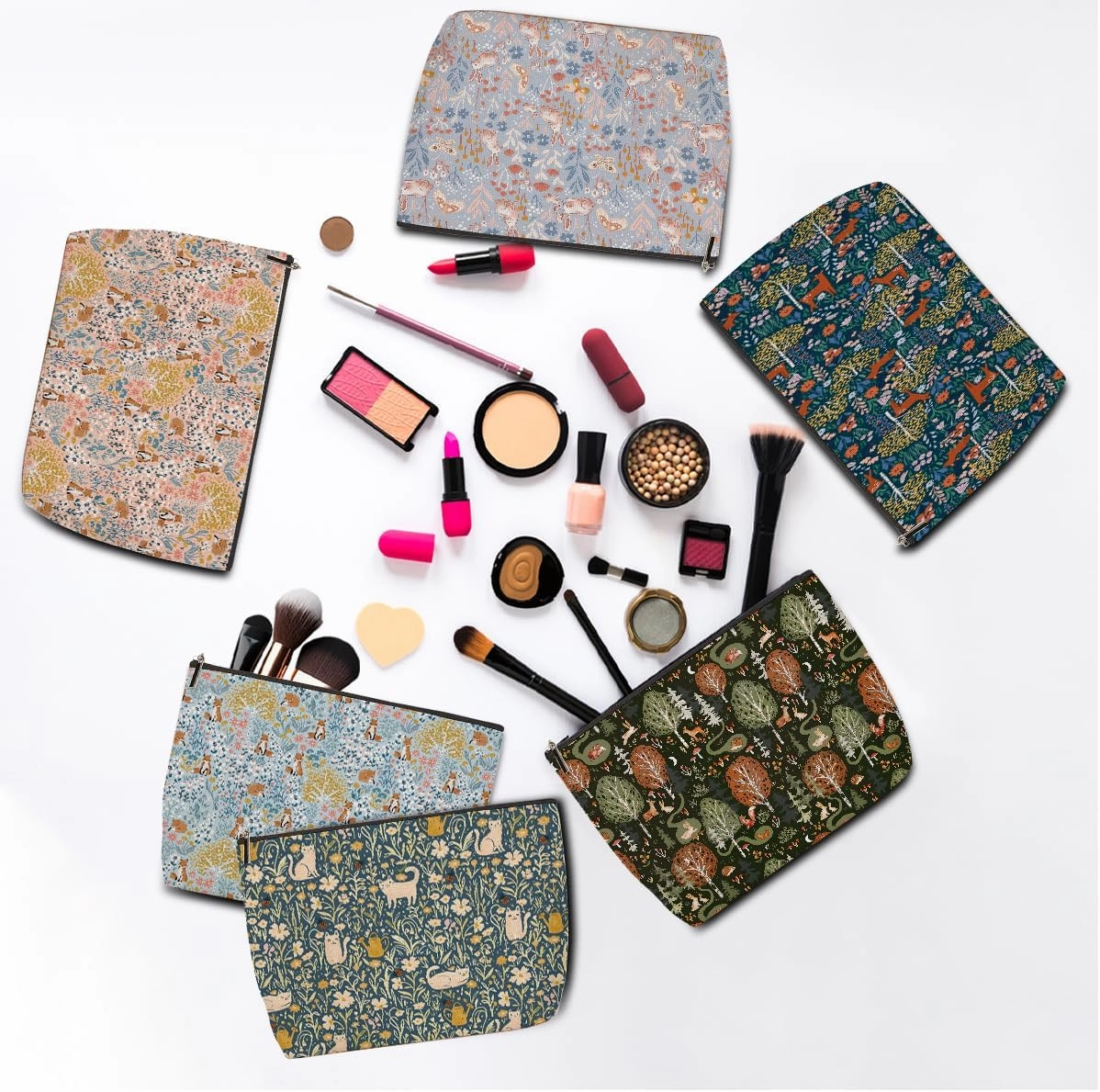 6 Pieces Makeup Bag Forest Fox Garden Cat Deer Rabbit Floral Aesthetics Skincare Bag Travel Toiletry Bag Makeup Pouch Cosmetic Bag Thank You Friendship Gifts for Women Mom Friends Bestie Coworker Aunt