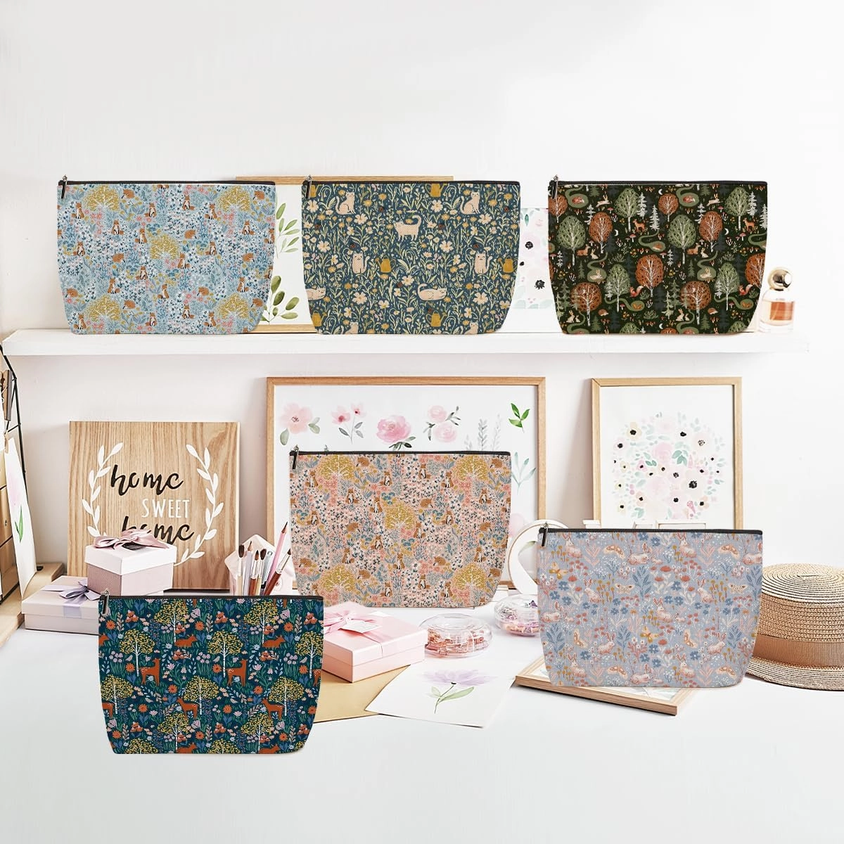 6 Pieces Makeup Bag Forest Fox Garden Cat Deer Rabbit Floral Aesthetics Skincare Bag Travel Toiletry Bag Makeup Pouch Cosmetic Bag Thank You Friendship Gifts for Women Mom Friends Bestie Coworker Aunt