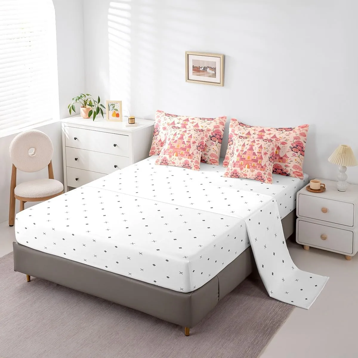 7-Piece Cartoon Castle Bedding Queen Size Girly Pink Floral Comforter Set for Girls, Chic Princess Bedding Comforter Sets Rose Flower Bed in a Bag, Botanical Plants Leaves Bedding Accessories