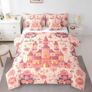 7-Piece Cartoon Castle Bedding Queen Size Girly Pink Floral Comforter Set for Girls, Chic Princess Bedding Comforter Sets Rose Flower Bed in a Bag, Botanical Plants Leaves Bedding Accessories