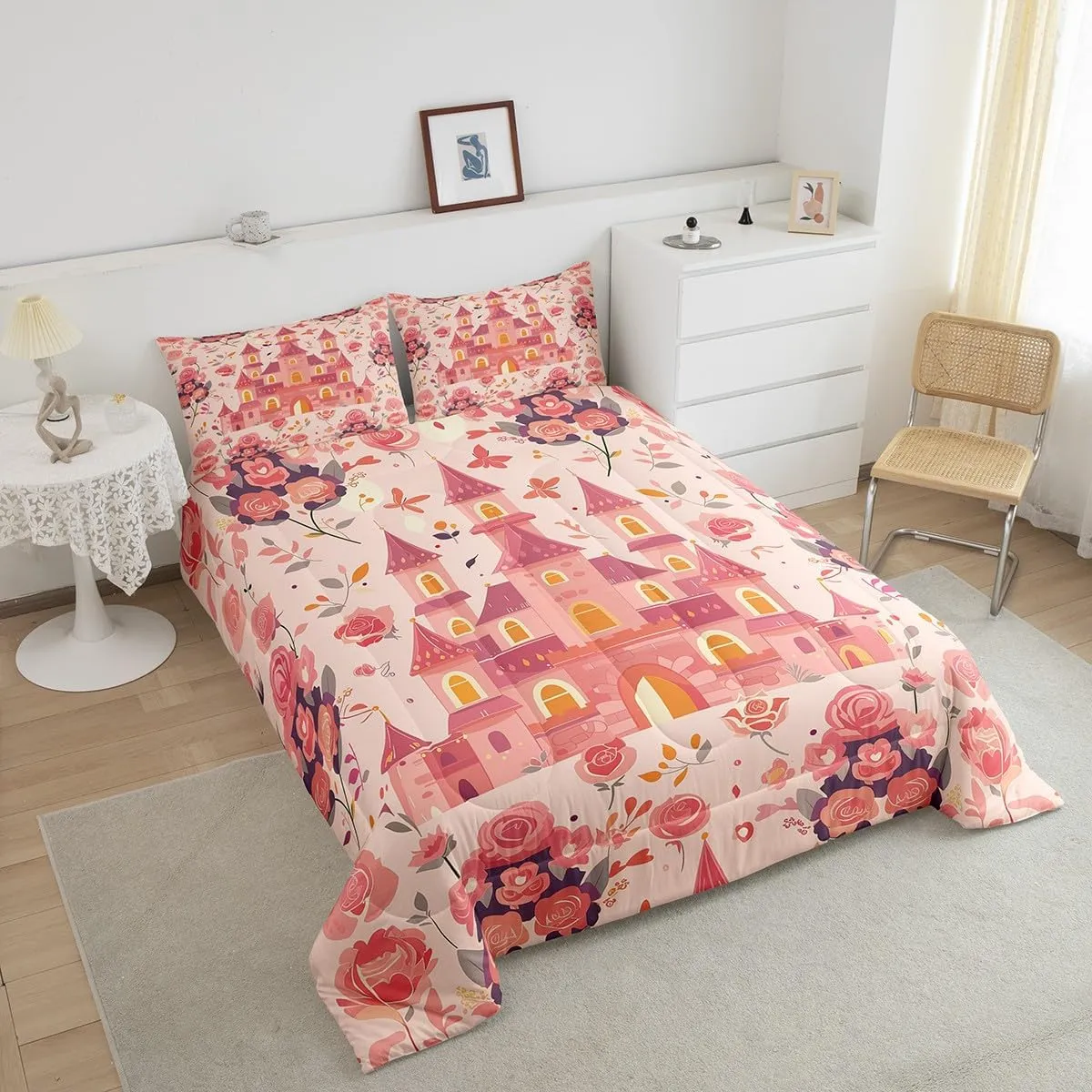 7-Piece Cartoon Castle Bedding Queen Size Girly Pink Floral Comforter Set for Girls, Chic Princess Bedding Comforter Sets Rose Flower Bed in a Bag, Botanical Plants Leaves Bedding Accessories