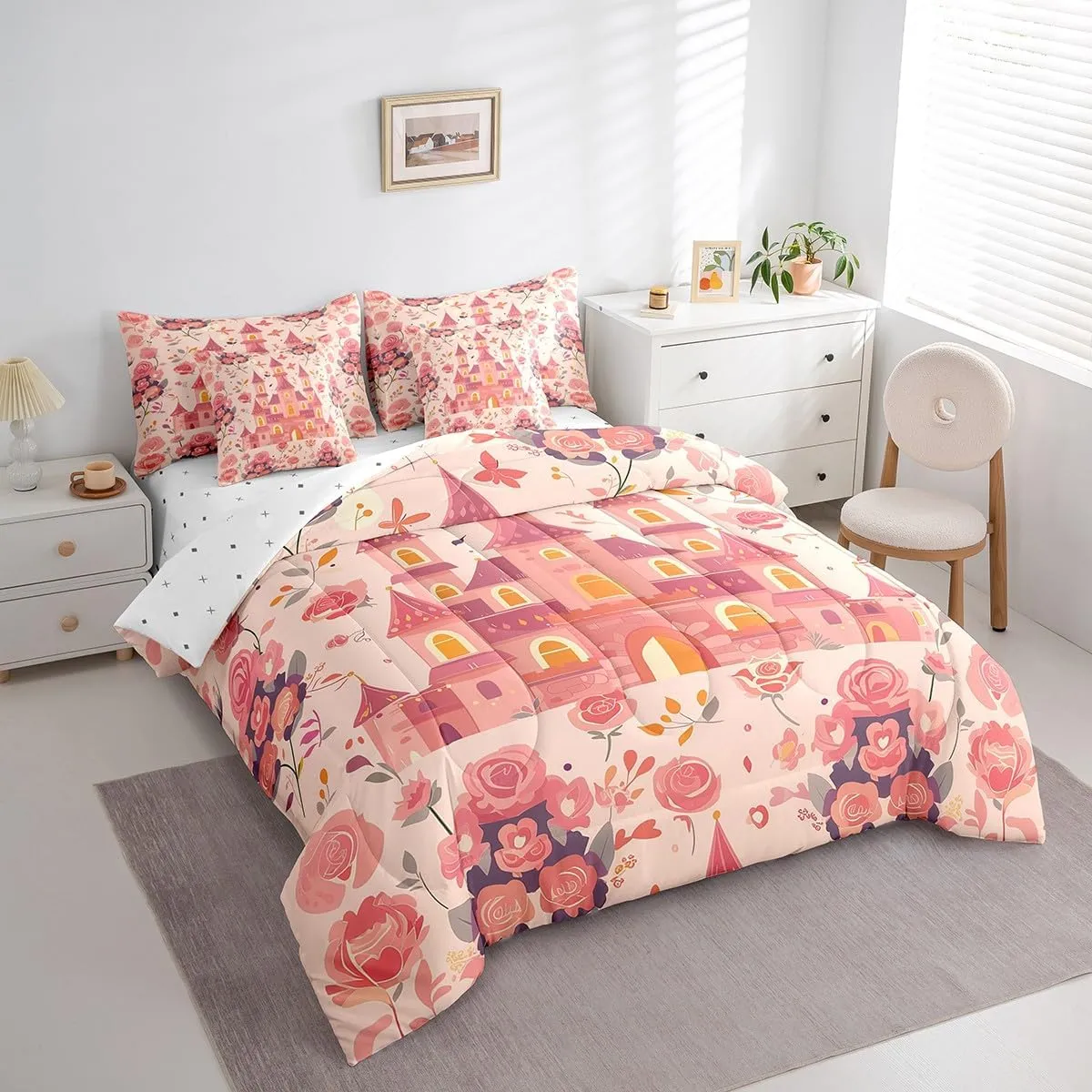 7-Piece Cartoon Castle Bedding Queen Size Girly Pink Floral Comforter Set for Girls, Chic Princess Bedding Comforter Sets Rose Flower Bed in a Bag, Botanical Plants Leaves Bedding Accessories