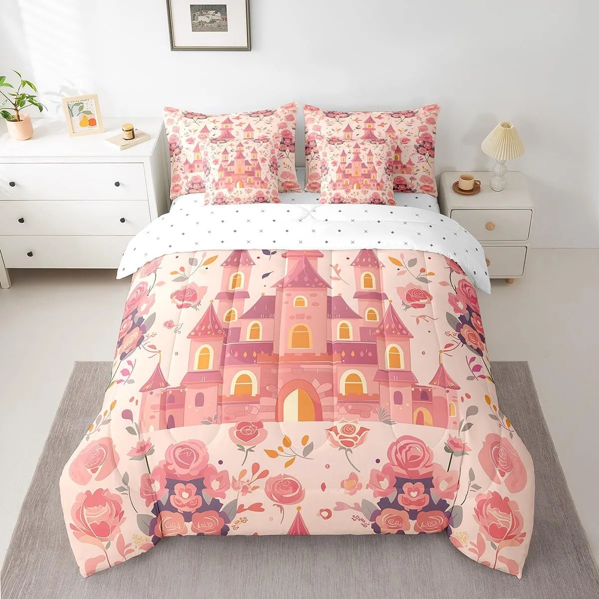 7-Piece Cartoon Castle Bedding Queen Size Girly Pink Floral Comforter Set for Girls, Chic Princess Bedding Comforter Sets Rose Flower Bed in a Bag, Botanical Plants Leaves Bedding Accessories