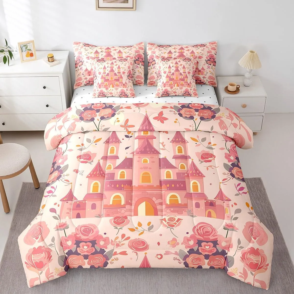 7-Piece Cartoon Castle Bedding Queen Size Girly Pink Floral Comforter Set for Girls, Chic Princess Bedding Comforter Sets Rose Flower Bed in a Bag, Botanical Plants Leaves Bedding Accessories