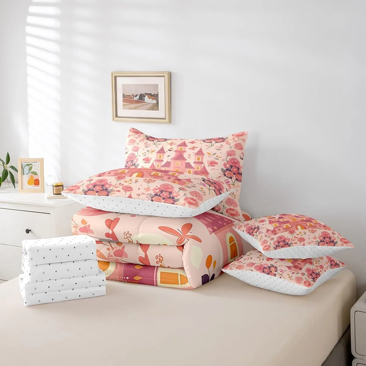 7-Piece Cartoon Castle Bedding Queen Size Girly Pink Floral Comforter Set for Girls, Chic Princess Bedding Comforter Sets Rose Flower Bed in a Bag, Botanical Plants Leaves Bedding Accessories
