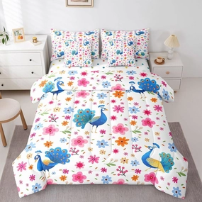 7 Pieces Cartoon Peacock Queen Size Comforter Set Chic Floral Bedding Comforter Sets for Girls Boys, Kawaii Animal Bedding Set Pink Flower Bed in a Bag, Colorful Polka Dots Reversible Bedding Sets