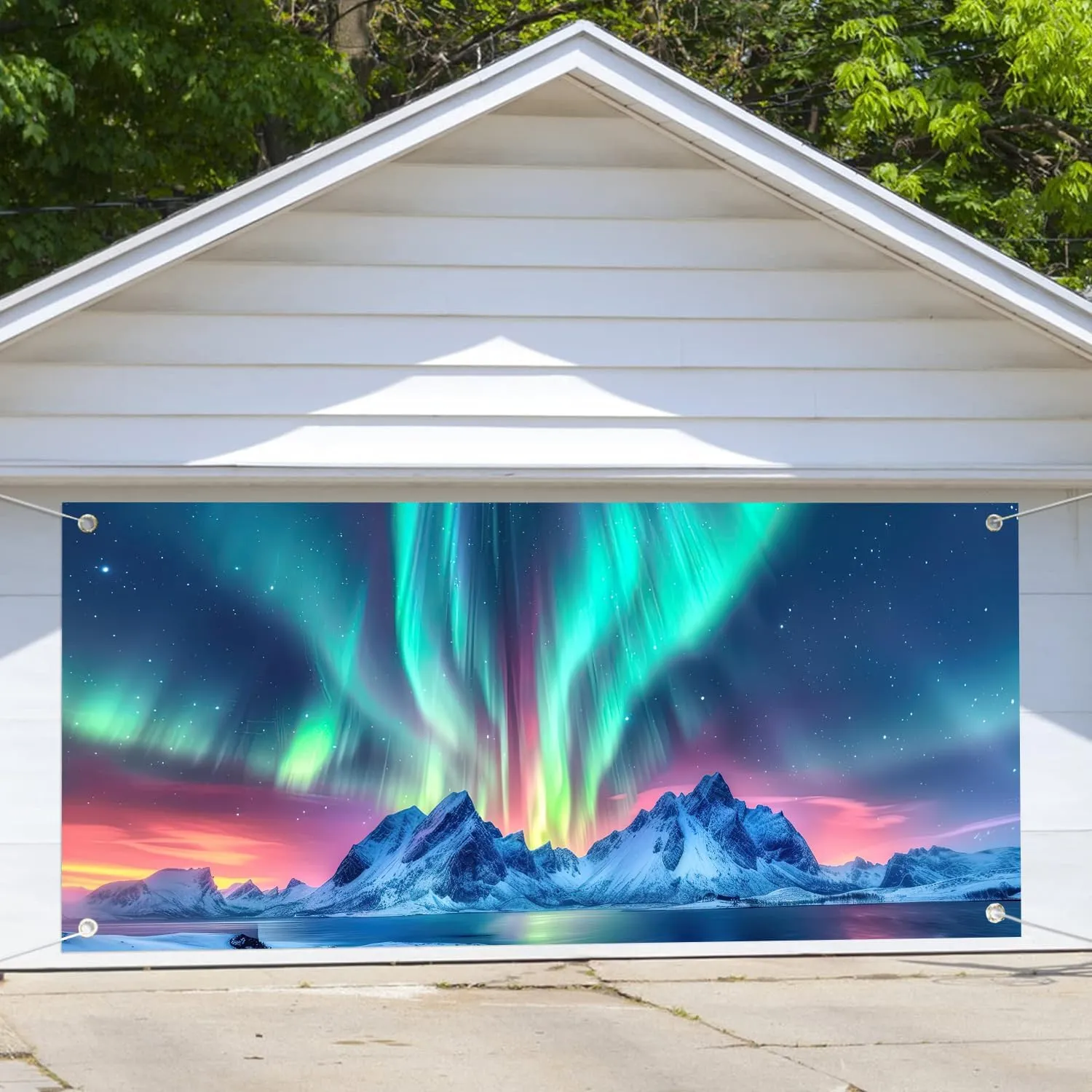 7X16ft Aurora Borealis Winter Night Sky Garage Door Decoration Background Snow-Capped Mountains Lake Scenery Starry Sky with Polar Lights Norway Winter Landscape Backdrop Party Banner Cover