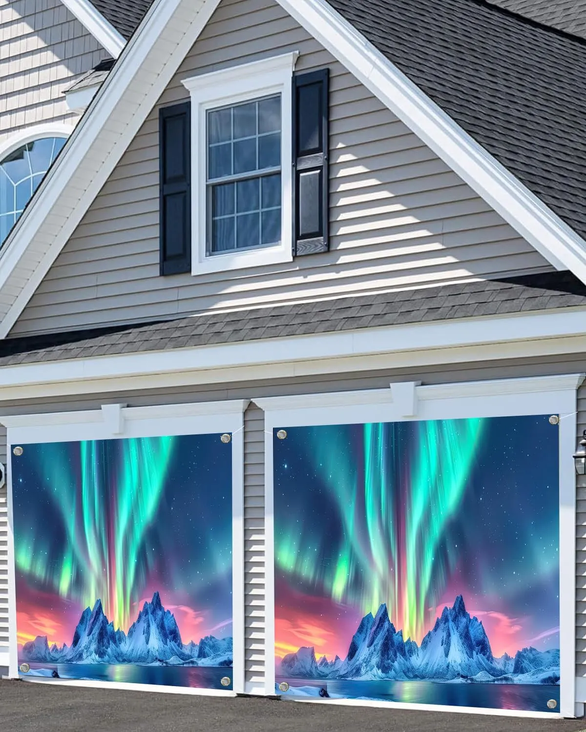 7X16ft Aurora Borealis Winter Night Sky Garage Door Decoration Background Snow-Capped Mountains Lake Scenery Starry Sky with Polar Lights Norway Winter Landscape Backdrop Party Banner Cover