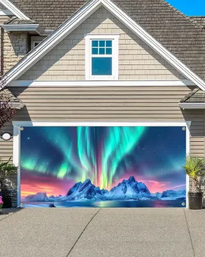 7X16ft Aurora Borealis Winter Night Sky Garage Door Decoration Background Snow-Capped Mountains Lake Scenery Starry Sky with Polar Lights Norway Winter Landscape Backdrop Party Banner Cover