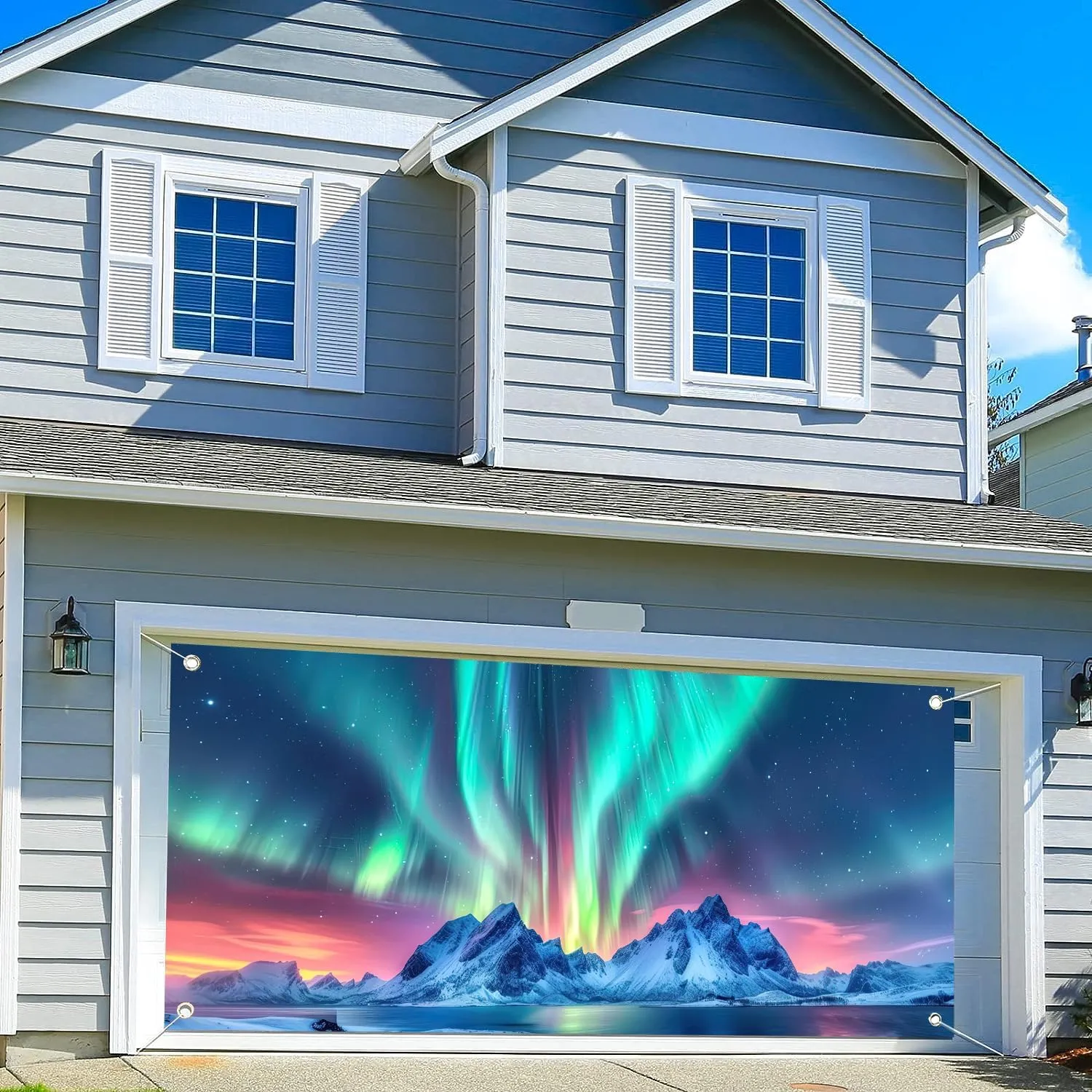 7X16ft Aurora Borealis Winter Night Sky Garage Door Decoration Background Snow-Capped Mountains Lake Scenery Starry Sky with Polar Lights Norway Winter Landscape Backdrop Party Banner Cover