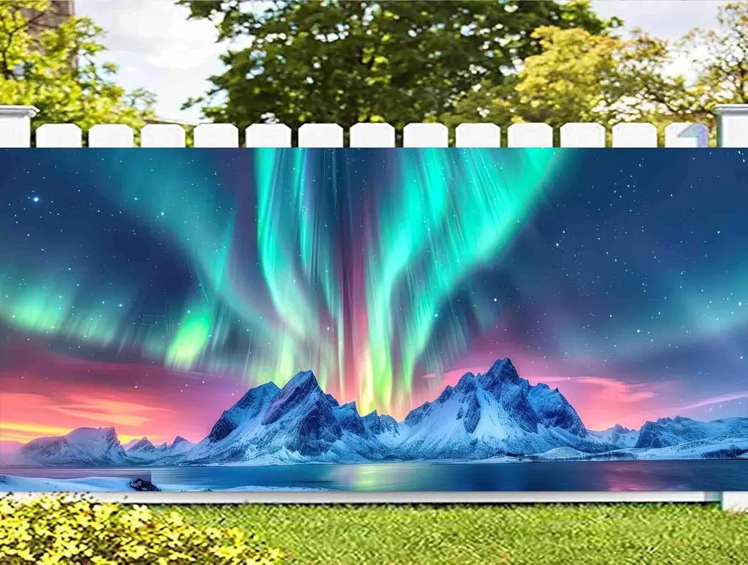 7X16ft Aurora Borealis Winter Night Sky Garage Door Decoration Background Snow-Capped Mountains Lake Scenery Starry Sky with Polar Lights Norway Winter Landscape Backdrop Party Banner Cover