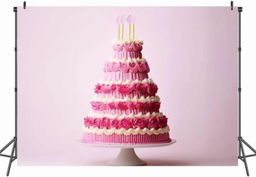 7x5FT Extravagant Pink Tiered Birthday Cake Decorated Vintage Piping Photography Backdrop Background Cloth Portrait Photo Booth Studio Prop Banner Photographers Home Office Decor Supplies