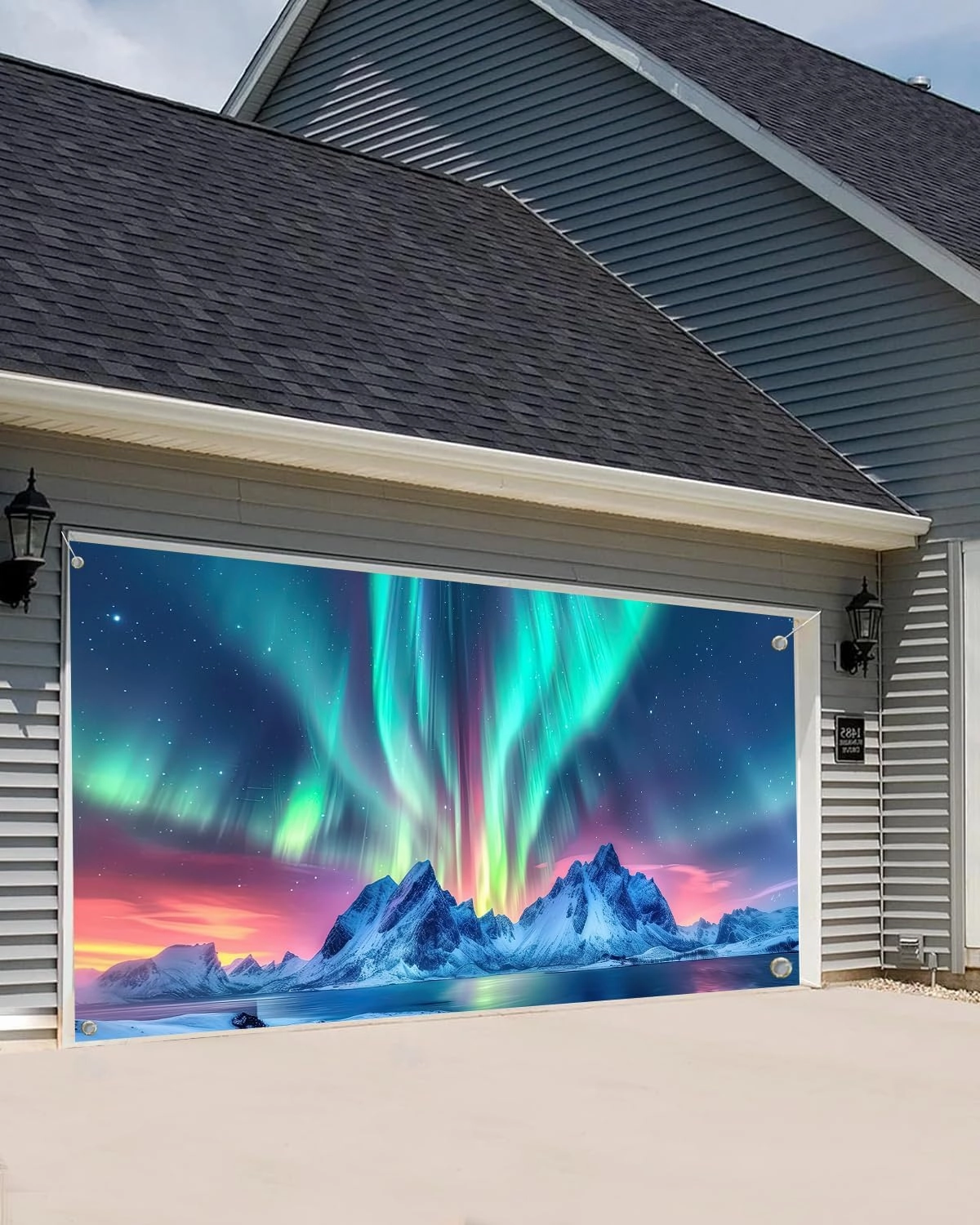 7X8ft Aurora Borealis Winter Night Sky Garage Door Decoration Background Snow-Capped Mountains Lake Scenery Starry Sky with Polar Lights Norway Winter Landscape Backdrop Party Banner Cover