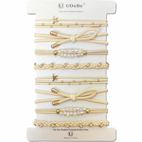 8 Pack Elegant Hair Ties with Gold Beads, Stars, and Crystal – Beige Thin Elastic Ponytail Holders for Women – Chic No Damage Hair Accessories for Al Hair Types