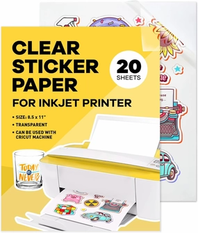90% Clear Sticker Paper for Inkjet Printer - (20 Sheets), 8.5 x 11" Letter Size, Transparent Glossy, Printable Vinyl, Water-Resistant - Easy to Use for Creative Projects