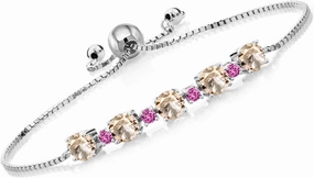 925 Sterling Silver Gemstone Birthstone and Pink Created Sapphire Tennis Bracelet for Women | Round 5MM and 2.5MM | Adjustable Bolo Design | Easy-On Easy-Off | Fully Adjustable Up to 9 Inch
