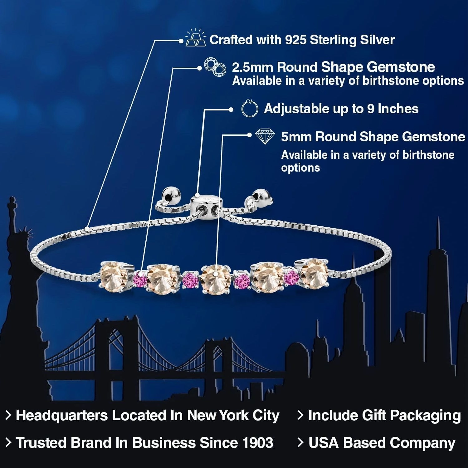 925 Sterling Silver Gemstone Birthstone and Pink Created Sapphire Tennis Bracelet for Women | Round 5MM and 2.5MM | Adjustable Bolo Design | Easy-On Easy-Off | Fully Adjustable Up to 9 Inch