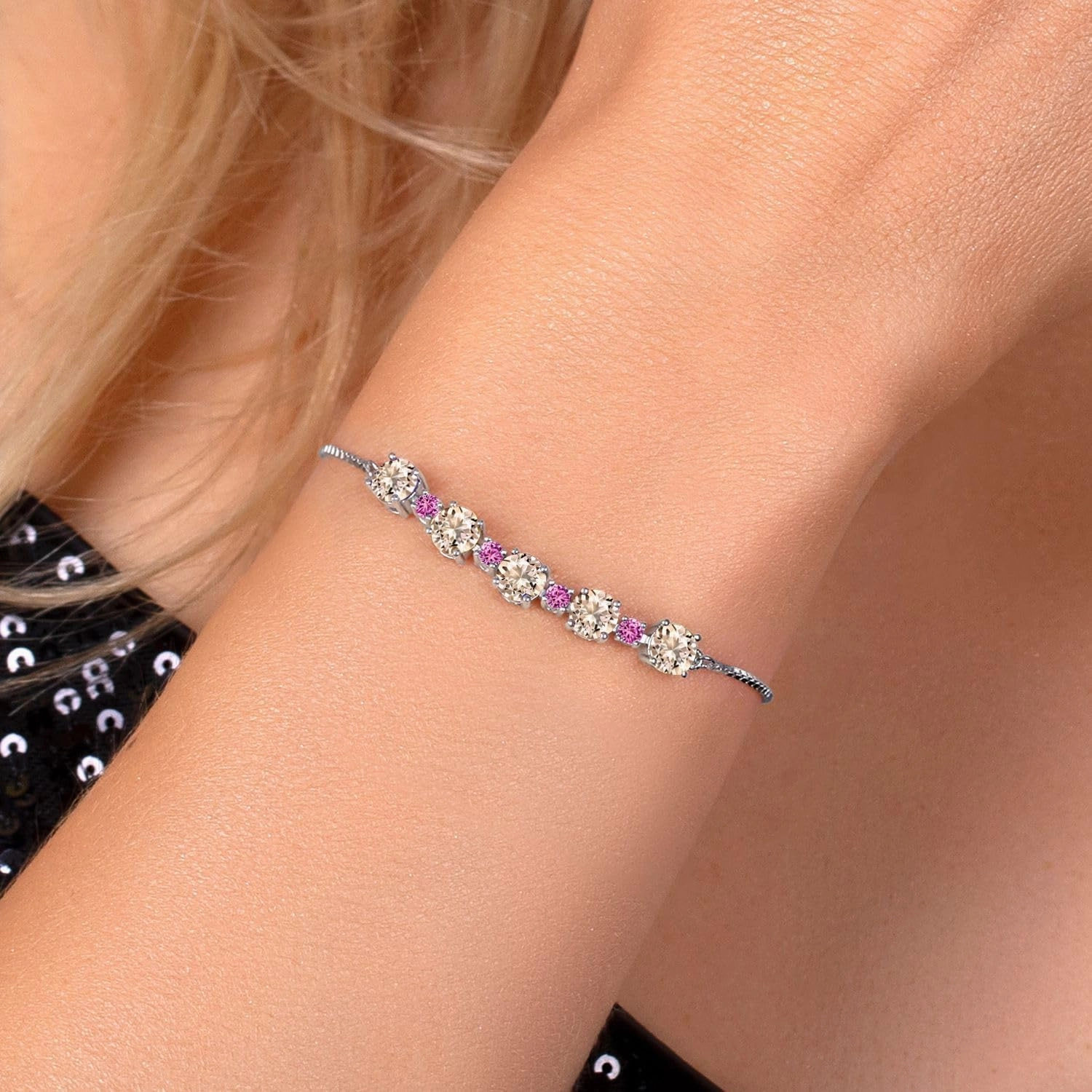 925 Sterling Silver Gemstone Birthstone and Pink Created Sapphire Tennis Bracelet for Women | Round 5MM and 2.5MM | Adjustable Bolo Design | Easy-On Easy-Off | Fully Adjustable Up to 9 Inch