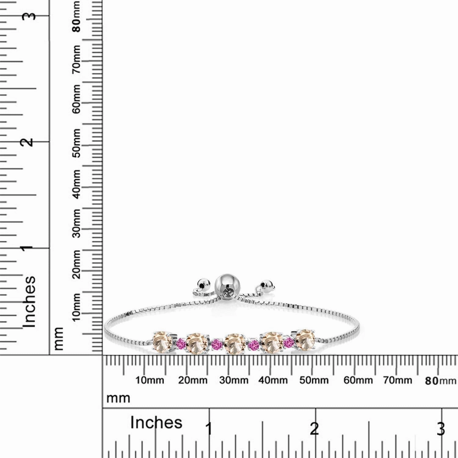 925 Sterling Silver Gemstone Birthstone and Pink Created Sapphire Tennis Bracelet for Women | Round 5MM and 2.5MM | Adjustable Bolo Design | Easy-On Easy-Off | Fully Adjustable Up to 9 Inch
