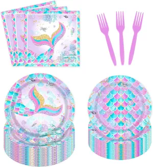 96 Pcs Mermaid Party Plates and Napkins Under the Sea Little Mermaid Tail Tableware Supplies for Princess Girls Birthday Baby Shower Decorations Serves 24 Guests
