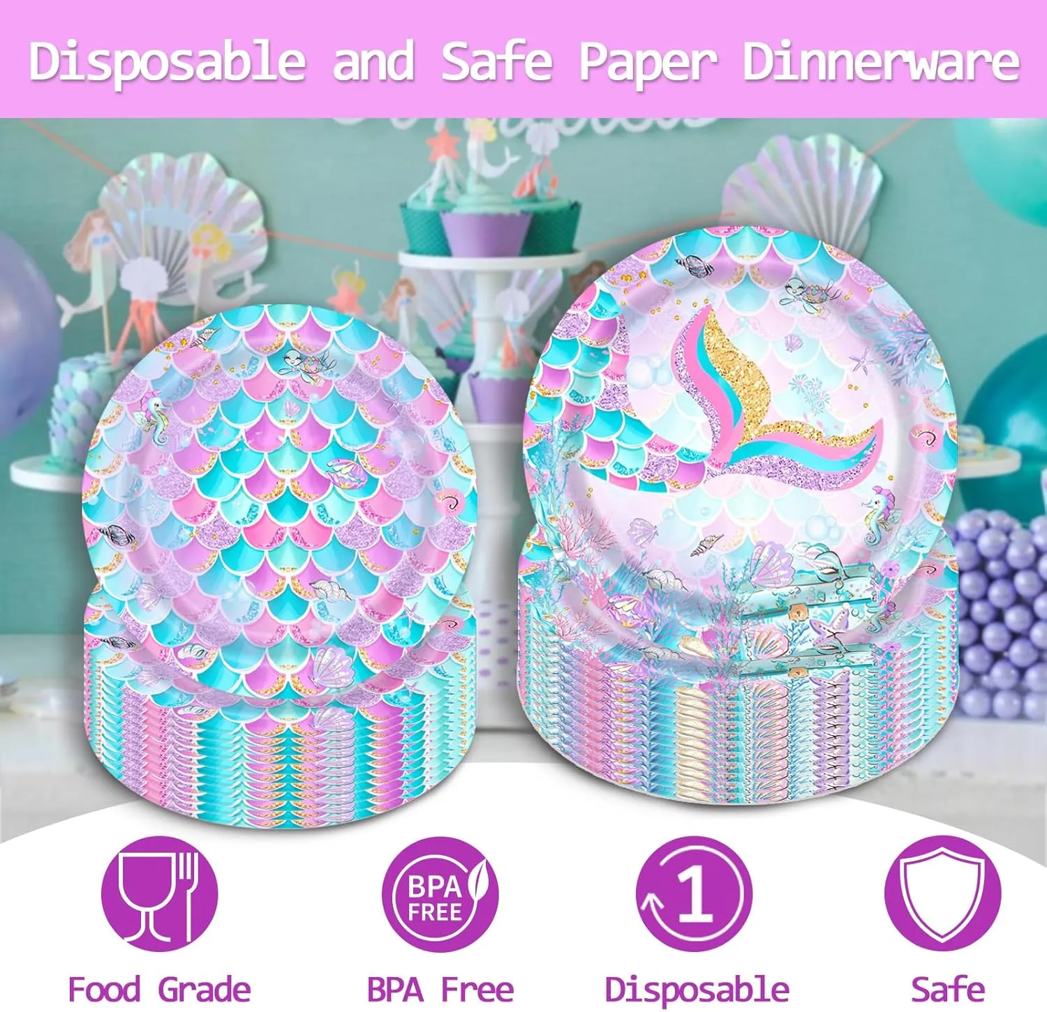 96 Pcs Mermaid Party Plates and Napkins Under the Sea Little Mermaid Tail Tableware Supplies for Princess Girls Birthday Baby Shower Decorations Serves 24 Guests