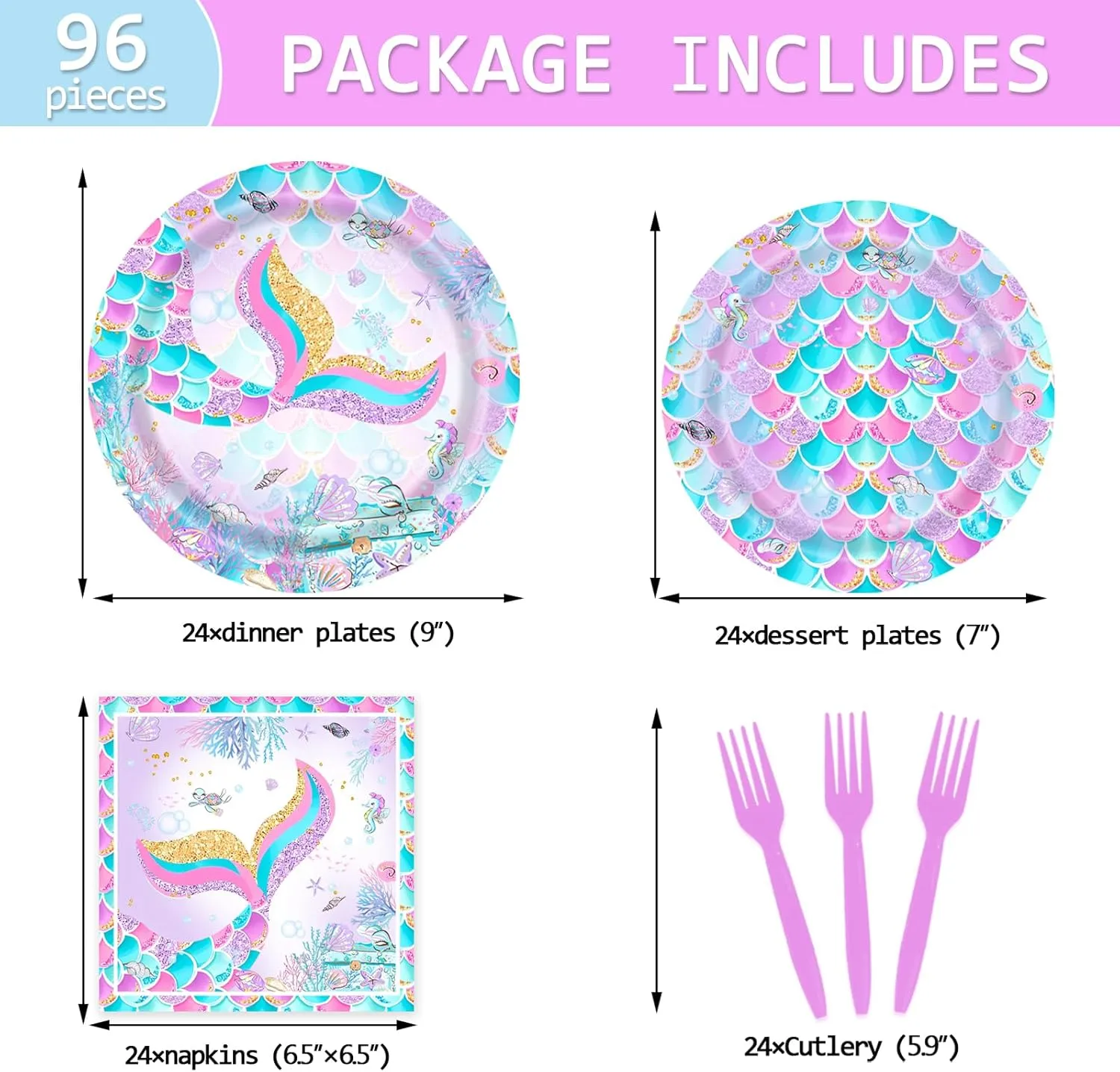 96 Pcs Mermaid Party Plates and Napkins Under the Sea Little Mermaid Tail Tableware Supplies for Princess Girls Birthday Baby Shower Decorations Serves 24 Guests