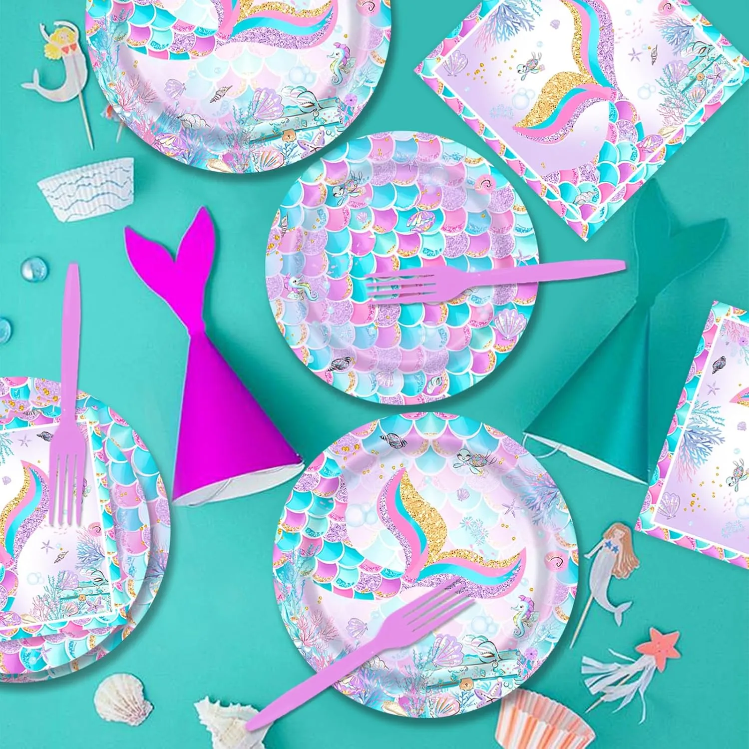 96 Pcs Mermaid Party Plates and Napkins Under the Sea Little Mermaid Tail Tableware Supplies for Princess Girls Birthday Baby Shower Decorations Serves 24 Guests