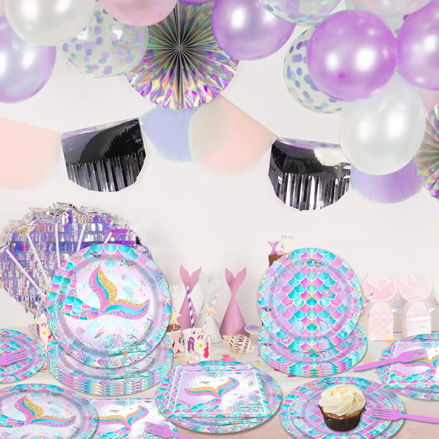 96 Pcs Mermaid Party Plates and Napkins Under the Sea Little Mermaid Tail Tableware Supplies for Princess Girls Birthday Baby Shower Decorations Serves 24 Guests