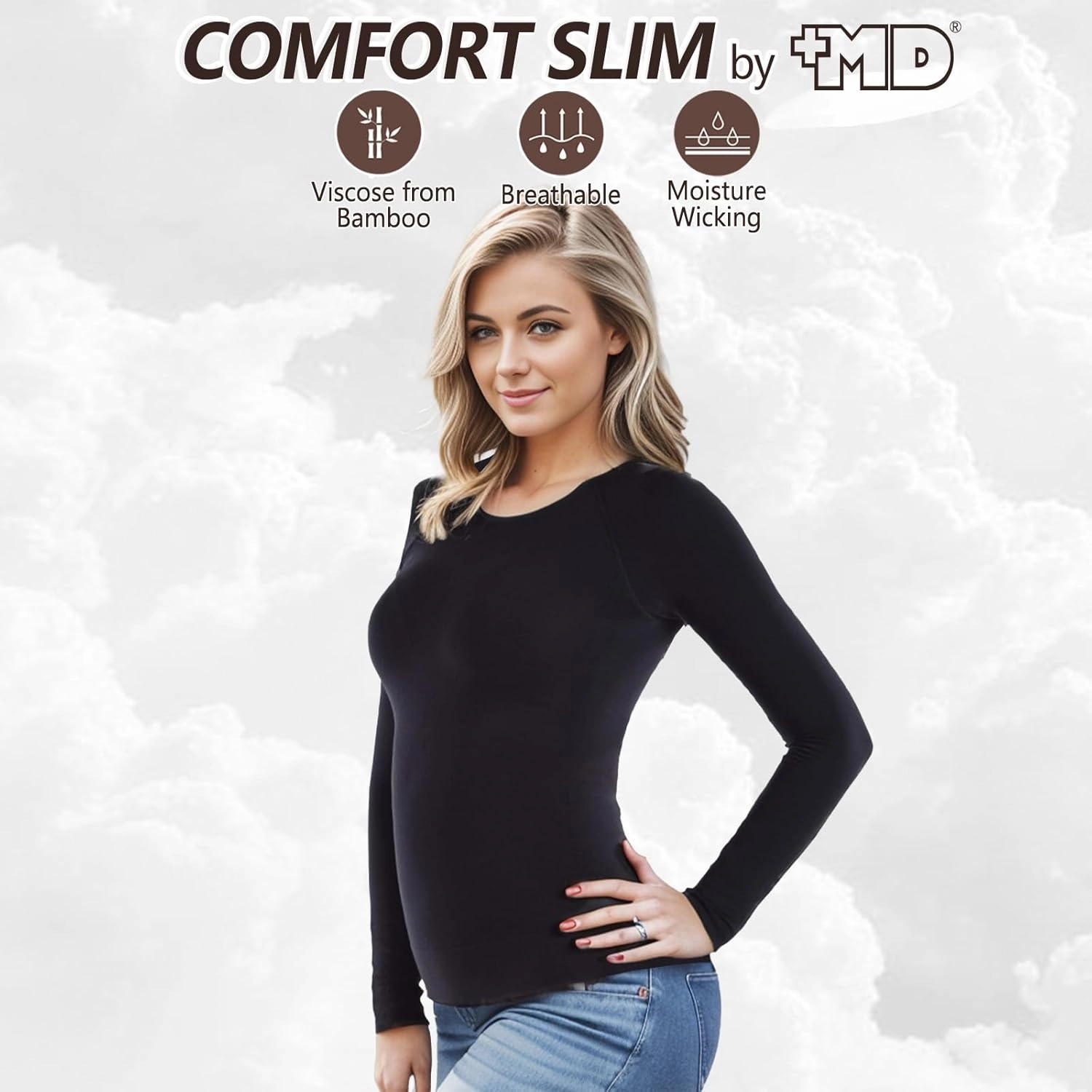  MD Womens Long Sleeve Undershirts Tops, Bamboo Round Neck Slim Fit Baselayer, Soft Thermal Underwear, Light Compression