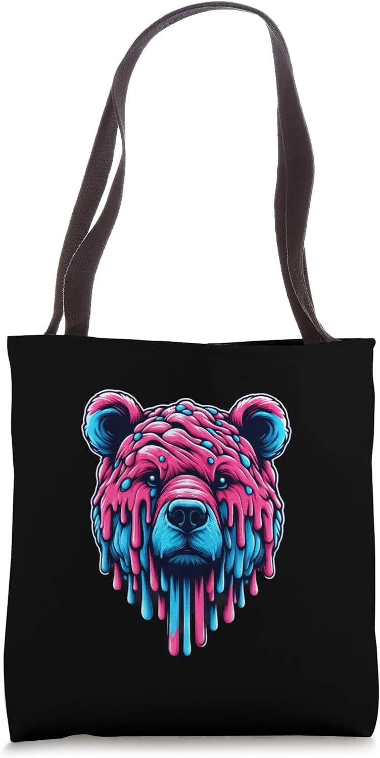 A Bear's Head Covered In Vibrant Pink And Blue Ice Cream Tote Bag