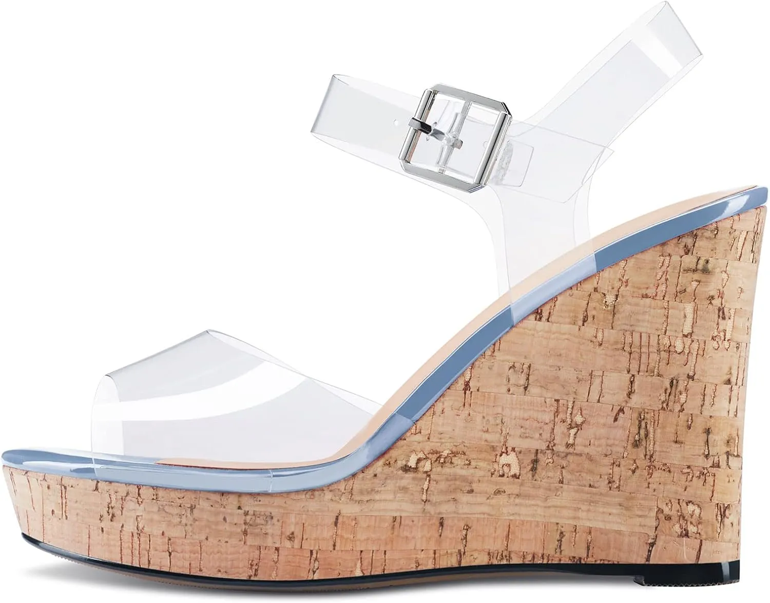 Aachcol Women Clear Platform Wedge Sandals Round Peep Open Toe Sexy Ankle Strap Slingback Two-Piece Chunky Block High Heel Dress Shoes Pumps Party Patent 4 Inch