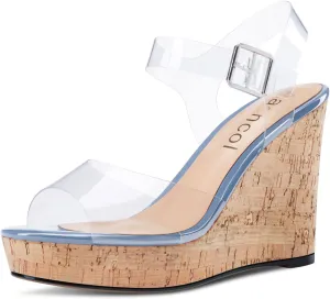 Aachcol Women Clear Platform Wedge Sandals Round Peep Open Toe Sexy Ankle Strap Slingback Two-Piece Chunky Block High Heel Dress Shoes Pumps Party Patent 4 Inch