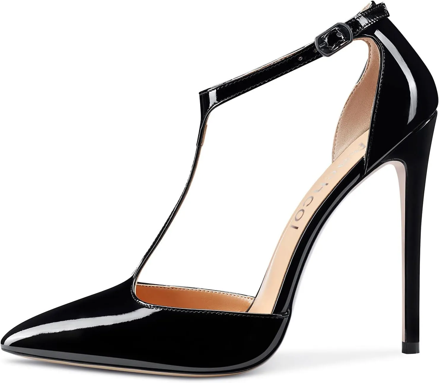 Aachcol Women T-strap Sandals High Stiletto Heel Pointed Toe Mary Jane Ankle Strap Patent Pumps Clear Dress Shoes 5 Inch