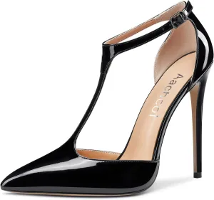 Aachcol Women T-strap Sandals High Stiletto Heel Pointed Toe Mary Jane Ankle Strap Patent Pumps Clear Dress Shoes 5 Inch