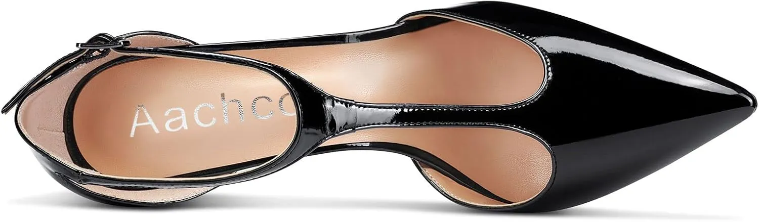 Aachcol Women T-strap Sandals High Stiletto Heel Pointed Toe Mary Jane Ankle Strap Patent Pumps Clear Dress Shoes 5 Inch