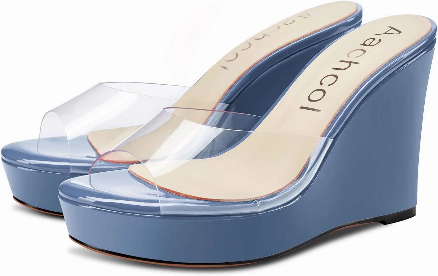 Aachcol Women Platform Sandals Clear Peep Open Toe Slip-on Wedge High Heel Dress Shoes Office Party Wedding Patent 4 Inch