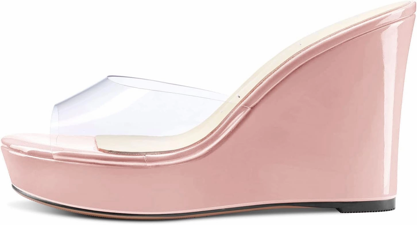 Aachcol Women Platform Sandals Clear Peep Open Toe Slip-on Wedge High Heel Dress Shoes Office Party Wedding Patent 4 Inch