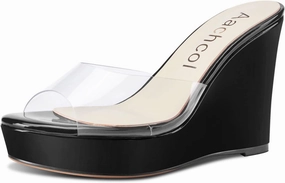 Aachcol Women Platform Sandals Clear Peep Open Toe Slip-on Wedge High Heel Dress Shoes Office Party Wedding Patent 4 Inch