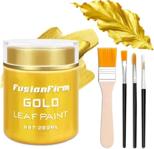 Acrylic Paint Metallic Gold, 280ml Liquid Gold Leaf Paint, Hand-crafts, Non-Toxic, Non-Fading Water-Based Gold Paint for Craft, Canvas, Wood, Fabric, Ceramic, Stone, with 1 Brush & 3 Paintbrushes